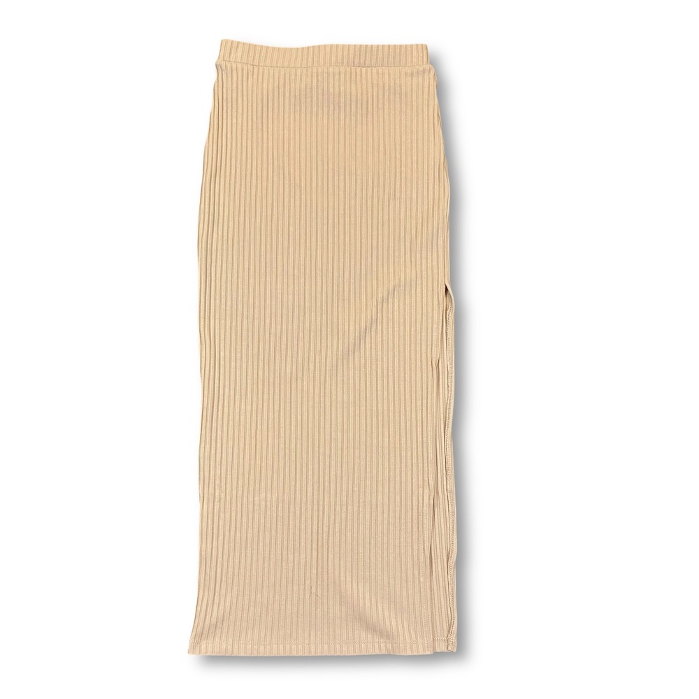 EUC Princess Polly Beige Ribbed‎ Knit Midi Skirt with Side Slit Womens 2